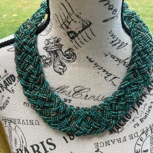 Vintage Woven Turquoise‎ and Grey Beaded Statement Bib Necklace